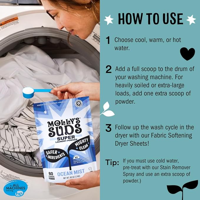 Molly's Suds Unscented Super Powder Detergent | Extra Strength Laundry Soap, Stain Fighting | Sensitive Skin | Simple, Effective Ingredients | 120 Loads Total (2 Pack)-Ruum Studio Home