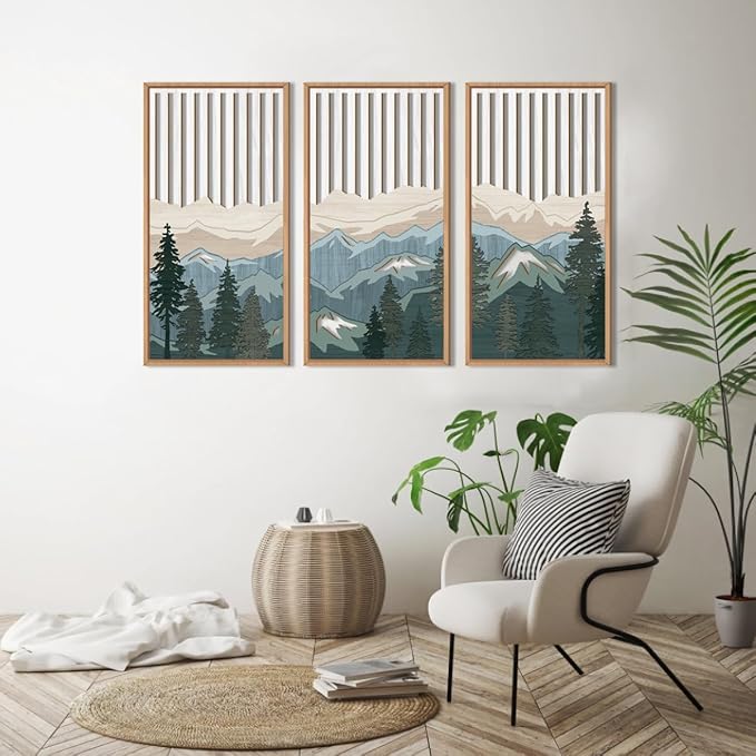 IARTTOP Large Mountain Wood Wall Art Framed Decor Set Of 3, Modern Mountain Landscape Wall Art Nature Artwork Wall Decor For Bedroom, Living room, Office-16 x32-Ruum Studio Home
