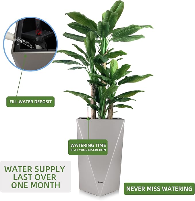 Dexceder 20 Inches Tall Self Watering Planter Diamond Metallic Matte Indoor Outdoor, Thickened Rhombus Large Floor Standing Flower Plant Pot with Water Level Indicator (Gray)-Ruum Studio Home