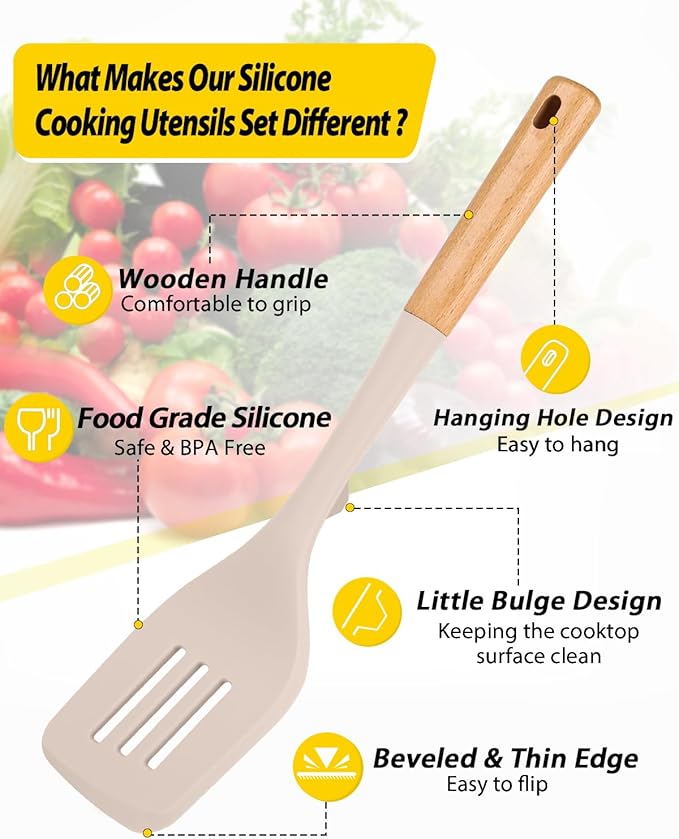 Pack of 4 Silicone Kitchen Utensils Set, Non Stick Solid Spatulas and Heat Resistant Slotted Spoons with Wooden Handle, Ideal BPA Free Cooking Utensils for Mixing,Serving,Turning,Stirring(KHAKI)-Ruum Studio Home