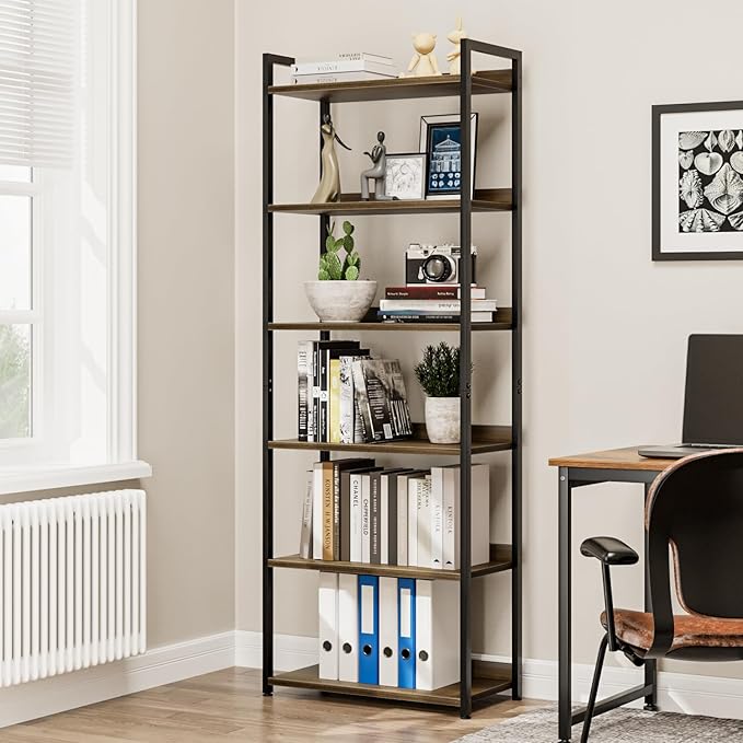 NUMENN Bookshelf, 6 Tier Bookshelves, Home Office Bookcase Shelf Storage Organizer, Free Standing Storage Shelving Unit for Bedroom, Living Room and Home Office, Dark Walnut-Ruum Studio Home