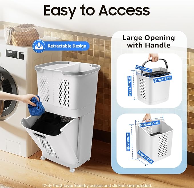 Movable Household Laundry Basket,2 Tier Laundry Hamper Basket Sorter with Wheels&Handle,Large Hand-Held Laundry Basket Clothes Storage Organizer for Bathrooms Bedrooms-Ruum Studio Home