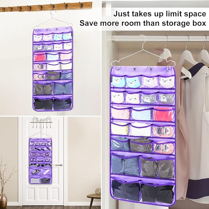 Dual Sided Hanging Organizer for Jewelry Makeup Storage Closet Organizers for Bows Socks Underwear with 42 Clear Pockets (PURPLE)-Ruum Studio Home