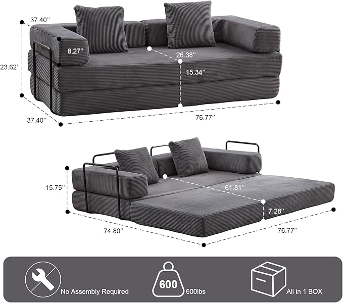 Convertible Sleeper Sofa Bed, Compression Folding Sofa with Pillow, No Assembly Required, Shape Frame, Floor Sofas Lounge Couch for Living Room, Bedroom, Small Spaces(Corduroy, 77''W, Dark Grey)-Ruum Studio Home