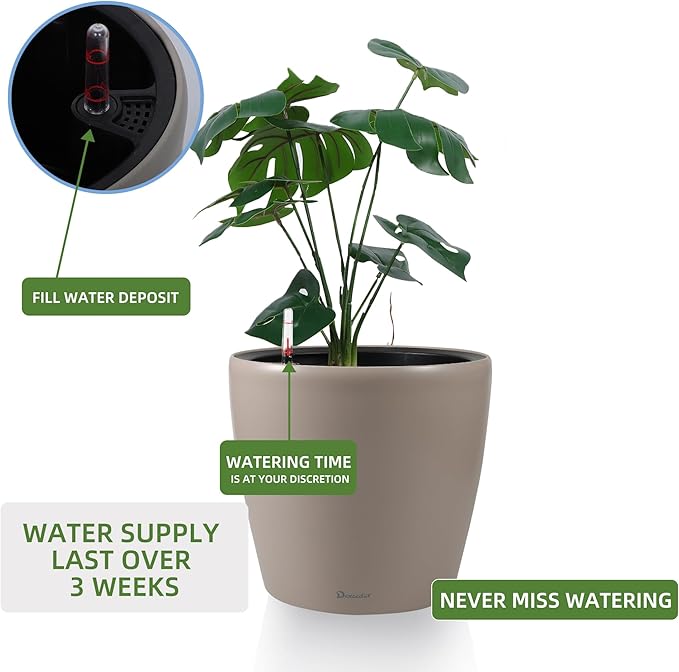 Dexceder 11x10 Inches Self Watering Planter Indoor Outdoor, Inner Pot Design, Thickened Table Flower Plant Pot with Water Level Indicator (Taupe Matte)-Ruum Studio Home