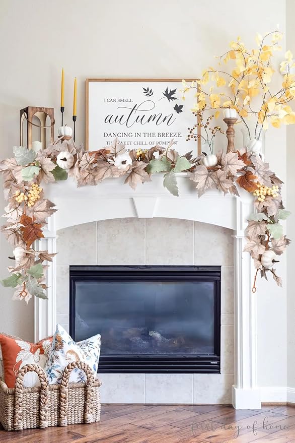 DearHouse Pumpkin Fall Maple Leaf Garland, 6Ft Hanging Vine White Maple Garland Artificial Autumn Foliage Thanksgiving Decor for Home Wedding Fireplace Party Christmas-Ruum Studio Home