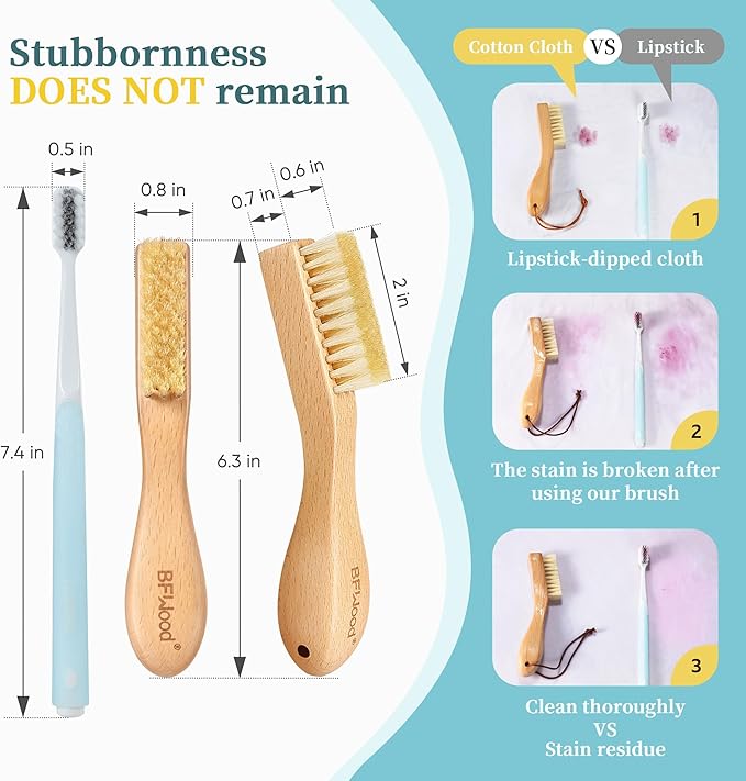 BFWood 2PCS Laundry Stain Brush - Natural Soft Boar Bristles, Removes Tough Stains from Delicate Fabrics Like Knits, Cotton, and Linens, Gentle on Fabrics, No Damage-Ruum Studio Home