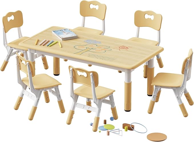 Brelley Kids Table and 6 Chairs Set, Height Adjustable Toddler Desk and Chair Set, Graffiti Desktop, Classroom/Daycare/Home, Children Multi-Activity Table for Ages 2-8-Ruum Studio Home