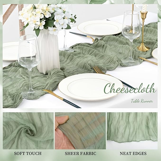 20 Pack Sage Green Cheesecloth Table Runner 10FT Rustic Gauze Fabric Cheese Cloth Table Runner for Wedding Bridal Baby Shower Table Decor 20 x 120 Inch Long Boho Sheer Birthday Party Table Decorations-Ruum Studio Home