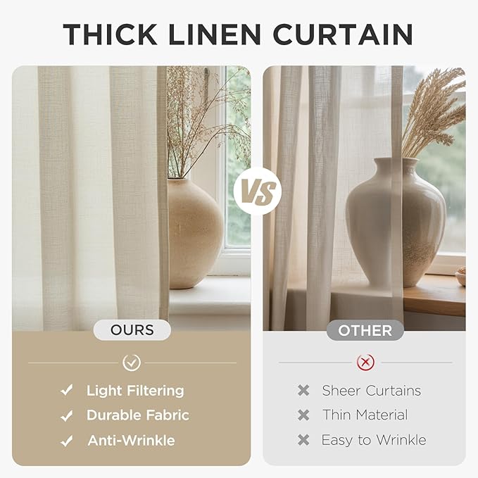 Joydeco Linen Curtains for Living Room,Light Filtering Rod Pocket Back Tab Semi Sheer Drapes Window Long Curtains 90 inches Long Ivory-Ruum Studio Home