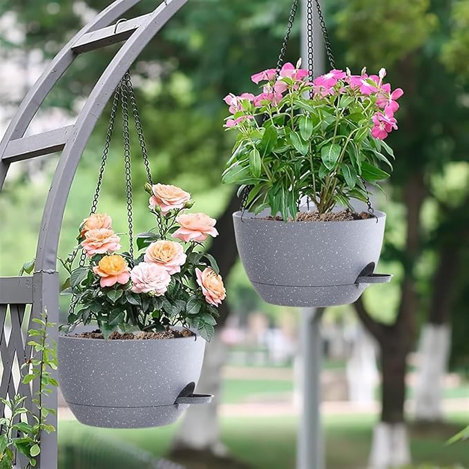 12 Inch Hanging Baskets 2 PC with Chains, Self-Watering Hanging Planters for Indoor Outdoor Plants, Plastic Hanging Flower Pots,Speckled Grey-Ruum Studio Home