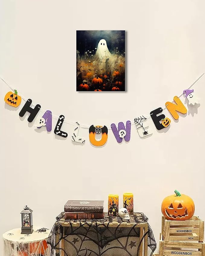 Halloween Canvas Wall Art, Spooky Ghost in Pumpkin Patch Poster, Vintage Gothic Fall Decor, Dark Academia Fall Decor for Living Room, Framed Indoor Halloween Decorations-Ruum Studio Home