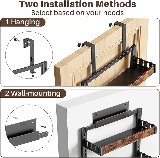 6 Tier Over The Door Pantry Organizer, 2 IN 1 Wall Mount or Metal Hanging Spice Rack for Pantry Organizers and Storage, Seasoning Shelves，Adjustable Basket with Hooks for Kitchen, Bathroom,Laundry-Ruum Studio Home