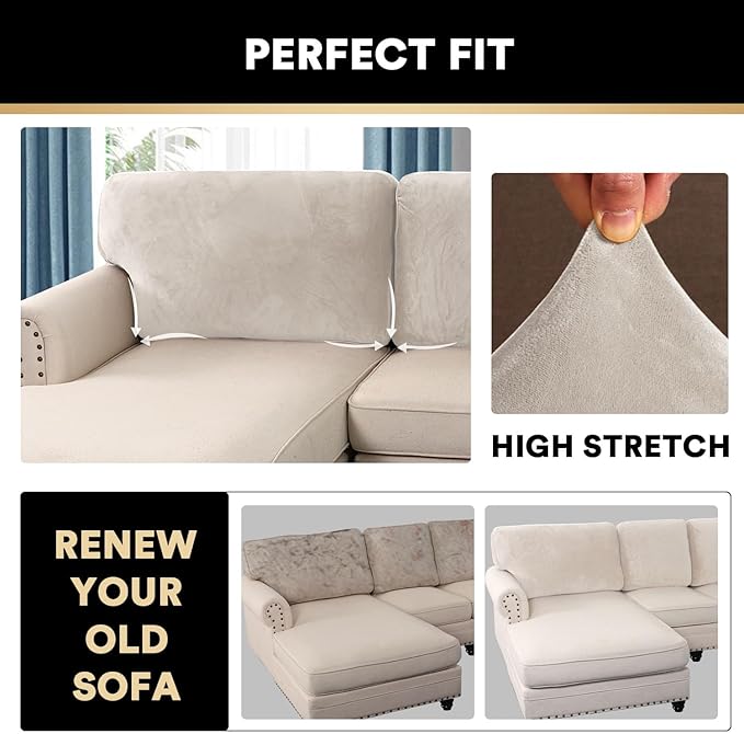 PrinceDeco Sectional Couch Covers Velvet Cushion Covers for Sectional Couch Washable Cushion Covers for Sectional Sofa Pet Friendly Sectional Sofa Slipcovers(1 Chaise Back+ 3 Sofa Back,Ivory)-Ruum Studio Home
