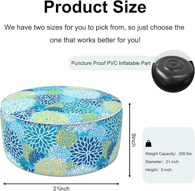 Inflatable Ottoman Stool D21 xH9 for Outdoor/Indoor Use, Water Repellent Patio Foot Rest Stool with Portable Handle,Round Pouf Ottoman Suitable for Garden,Deck and Camping - Dahlia Blue-Ruum Studio Home