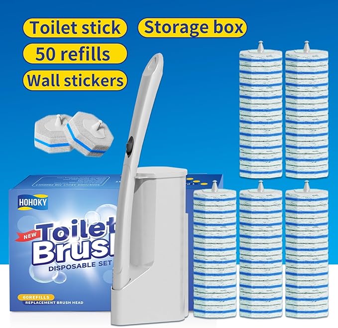 Disposable Toilet Brush Cleaning System with 50pcs Refills Pads Replacement Heads, Toilet Cleaning Stick, Wall Mounted Toliet Wand Kit Bathroom Maintenance, Toilet Bowl Cleaner Wands Holder and Set-Ruum Studio Home