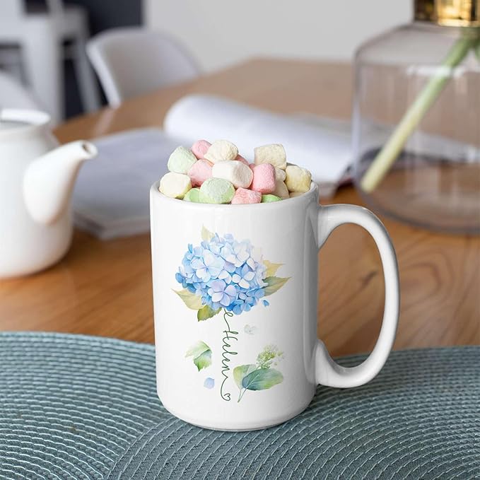 Custom Hydrangea Blossom Design Mug, Personalized Name Blue Flower Coffee Cup, Customized Flower Ceramic Mug For Floral Lover, Hydrangea Decorative Cup 11oz Or 15oz, Gift For Birthday-Ruum Studio Home