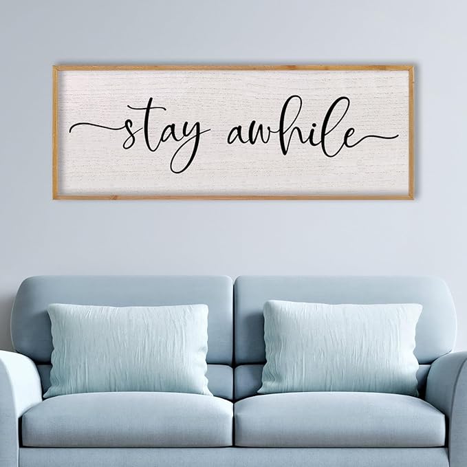 LuZhiQiang Stay Awhile Home Sign Wall Decor 40"X15" Large Solid Wood Frame For Hallway Living Room Entryway Wall Art Hanging (Wood)-Ruum Studio Home