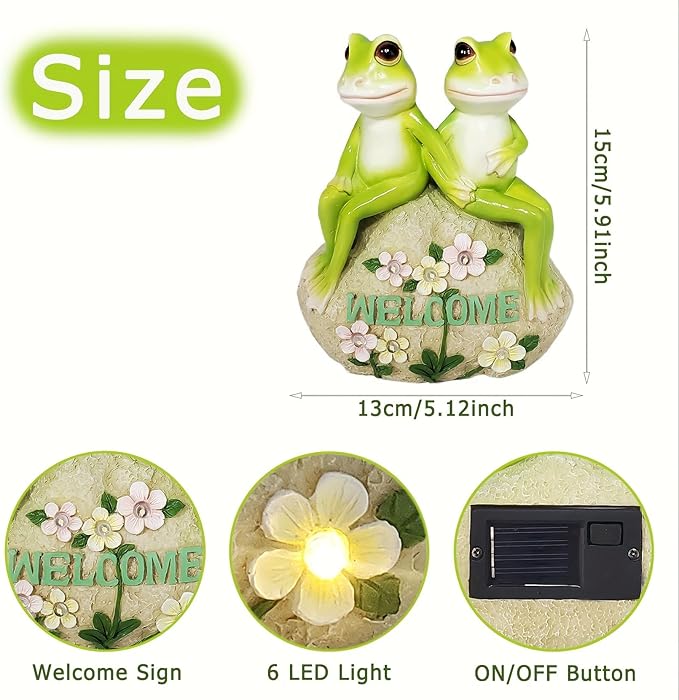Solar Powered Frog Couple Statue with LED Lit Flowers Welcome Sign 7-Inch Tall Resin Garden Decor Romantic Ornament Gift for Porch Patio Housewarming Wedding Outdoor Decor-Ruum Studio Home