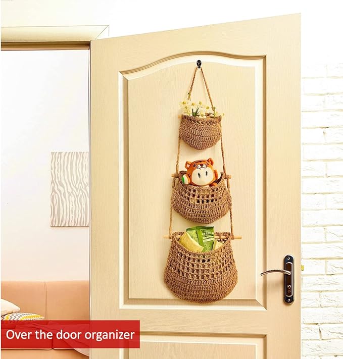 Hanging Fruit Basket, 3 Tier Woven Jute Wall Hanging Basket for Organizing, Hanging Produce Basket for Fruit & Vegetable Storage, Boho Kitchen Decor, Wall Basket Storage for Kitchen, Bedroom, Bathroom-Ruum Studio Home
