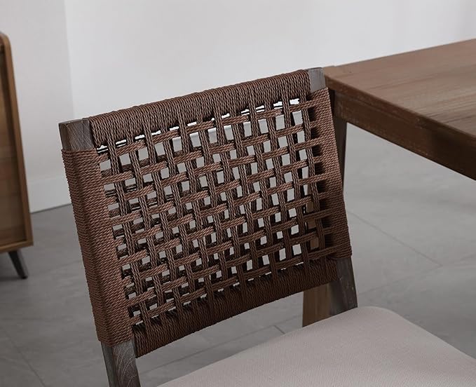 Kmax Farmhouse Dining Chairs Set of 6, Rustic Kitchen Chairs with Linen Fabric Seat and Woven Back, Vintage Accent Chairs for Dining Room, Living Room, Beige-Ruum Studio Home