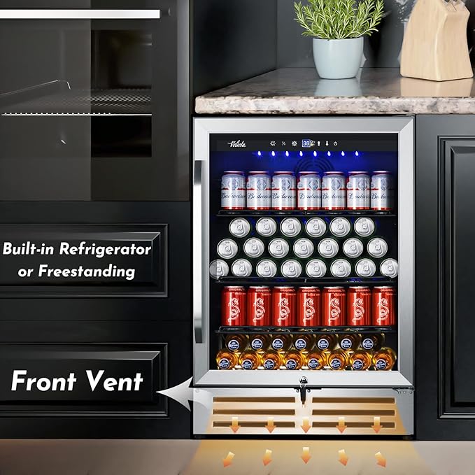 24 Inch Beverage Refrigerator Cooler,210 Cans Wide Beverage and Beer Fridge with Glass Door and Powerful Cooling Compressor, Built-in/Freestanding Drink Fridge for Kitchen, Bar or Office-Ruum Studio Home