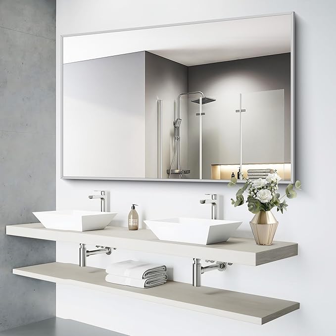 36x55inch Bathroom Mirror, Silver Rectangle Mirror with Thin Metal Frame, Large Rectangular Wall Mirrors for Bathroom, Living Room, Hair Salon, Big Mirror Hang Horizontal/Vertical-Ruum Studio Home