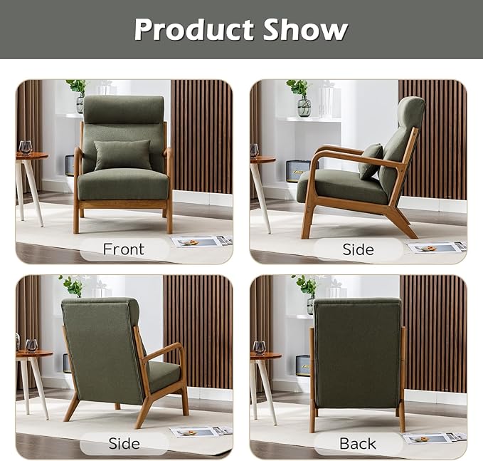 INZOY Mid Century Modern Accent Chair Set of 2, High Back Reading Armchair with Wood Frame, Upholstered Living Room Chairs with Waist Cushion, Single Lounge Arm Chair for Bedroom Sunroom, Green-Ruum Studio Home