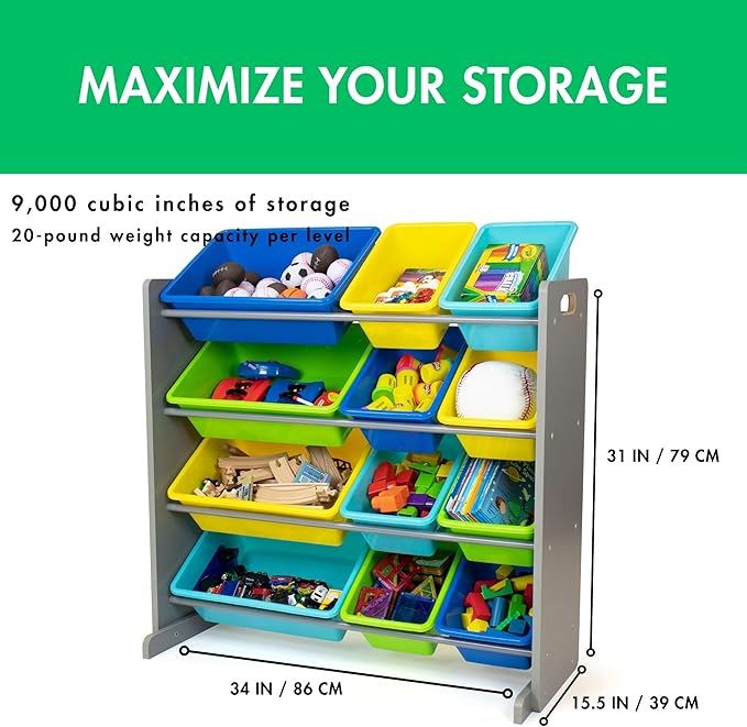 Humble Crew Kids Toy Storage Organizer with 12 Plastic Bins, Grey/Blue/Green/Yellow – Removable Bins for Playroom, Bedroom, Toddler Furniture for Boys and Girls Ages-Ruum Studio Home