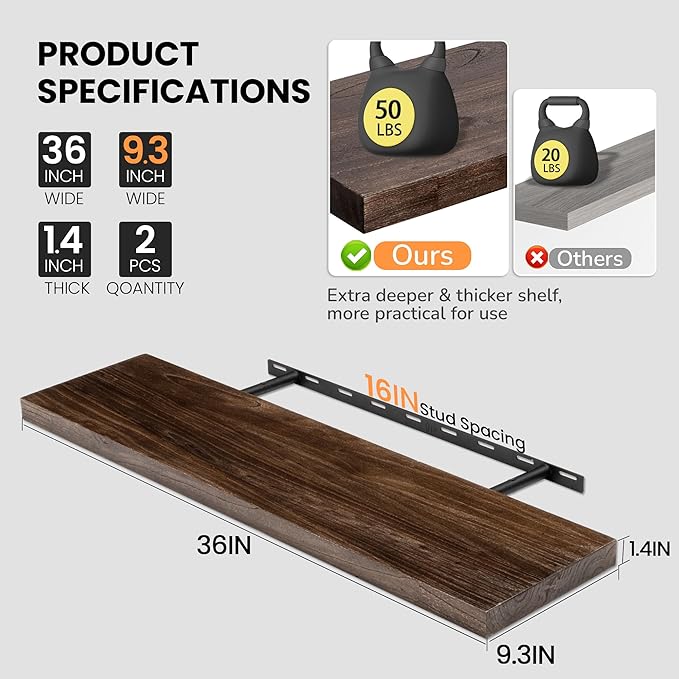 Fun Memories Floating Shelves for Wall, 36"x9.3" Rustic Solid Elm Wood Shelves, Heavy-Duty Wall Mounted Shelves with Invisible Brackets, Set of 2 for Living Room, Bedroom, Kitchen, Walnut Finish-Ruum Studio Home