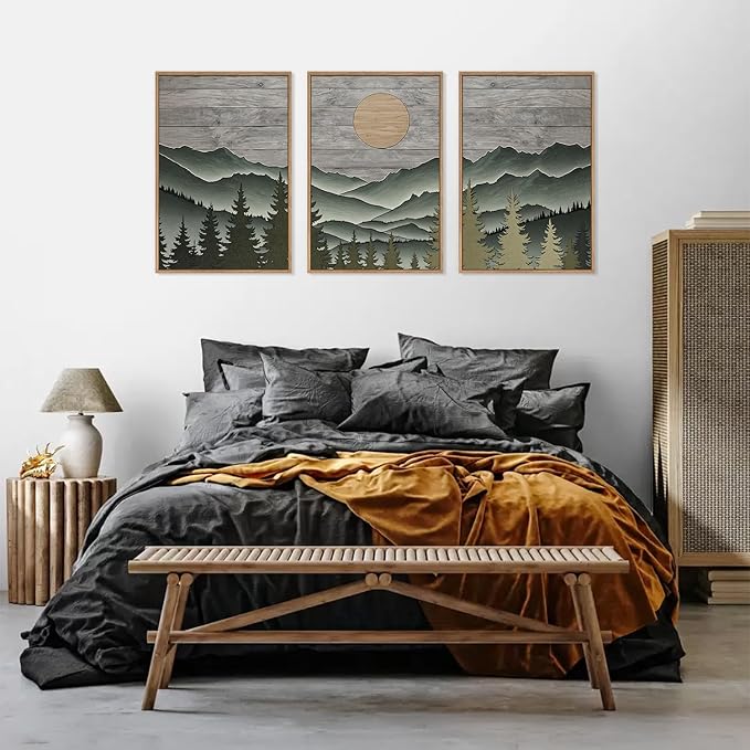 HLNIUC Mountain Framed Canvas Wall Art,Large Green Forest Woodcut Wall Decor Set of 3(16”x24”)Abstract Sun Forest Pine Trees Wall Painting,Rustic Sun Nature Landscape Art Print for Living Room,Bedroom-Ruum Studio Home