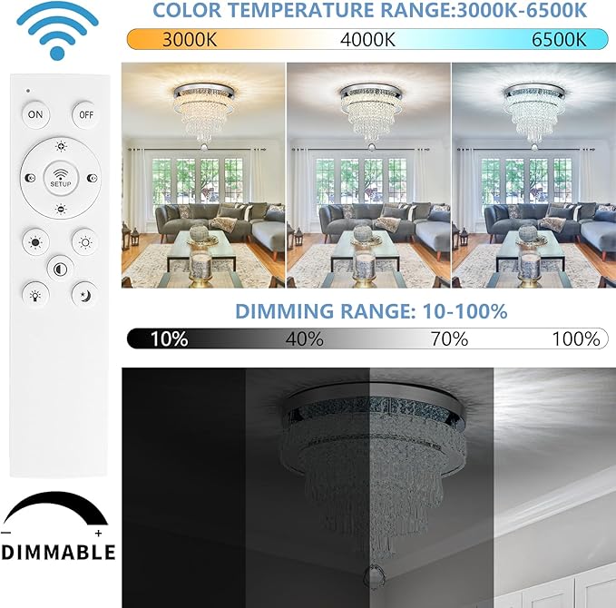 16“ Crystal Chandeliers Round Modern LED Chandelier Light Flush Mount Ceiling Light Fixtures with Remote Control for Bedroom Living Room Dining Room (dimmable)-Ruum Studio Home