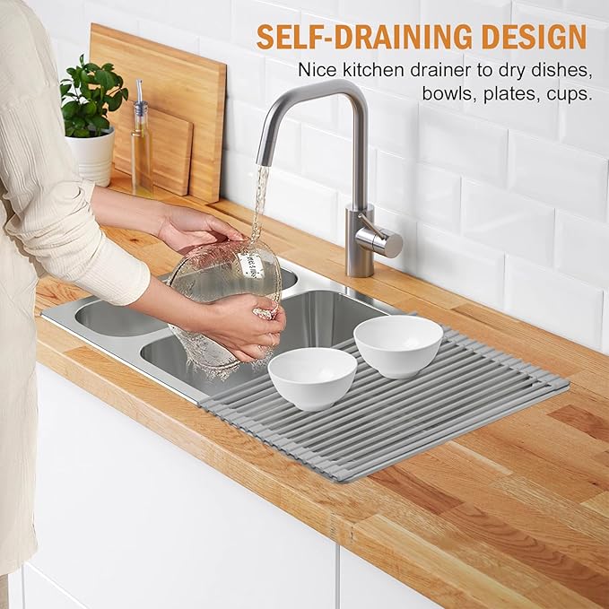 LEMIKKLE Roll Up Dish Drying Rack 17" x 13", Over The Sink Dish Drainer Rack, Foldable Sink Drying Rack, Anti-Slip Silicone Wrapped Dish Drainer for Kitchen Counter (Grey 17" x 13")-Ruum Studio Home