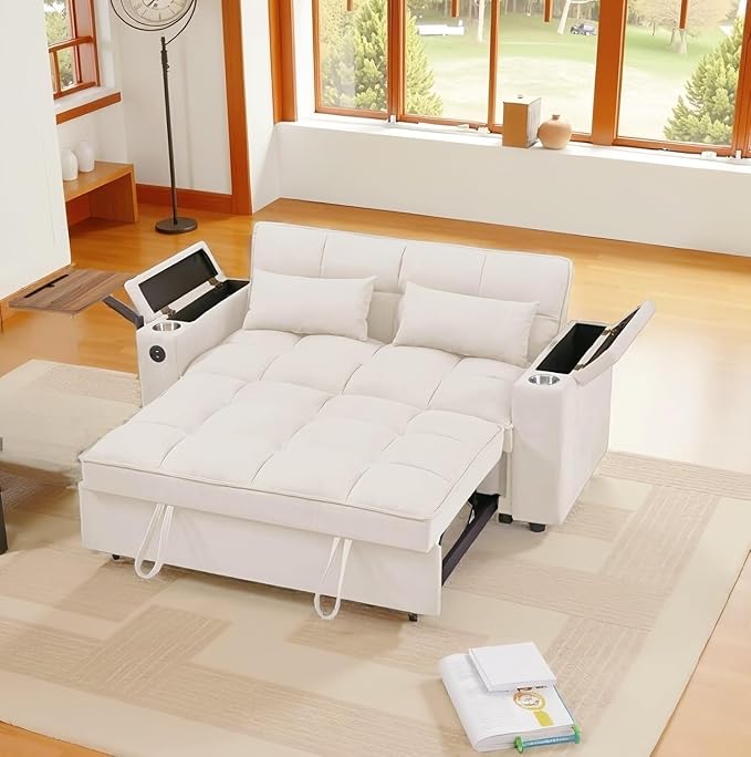 65''Convertible Sleeper Sofa Bed,3-in-1 Pull Out Couch Bed with 360 Degree rotatable Side Table and USB Ports for Living Room,RV (07beige)-Ruum Studio Home
