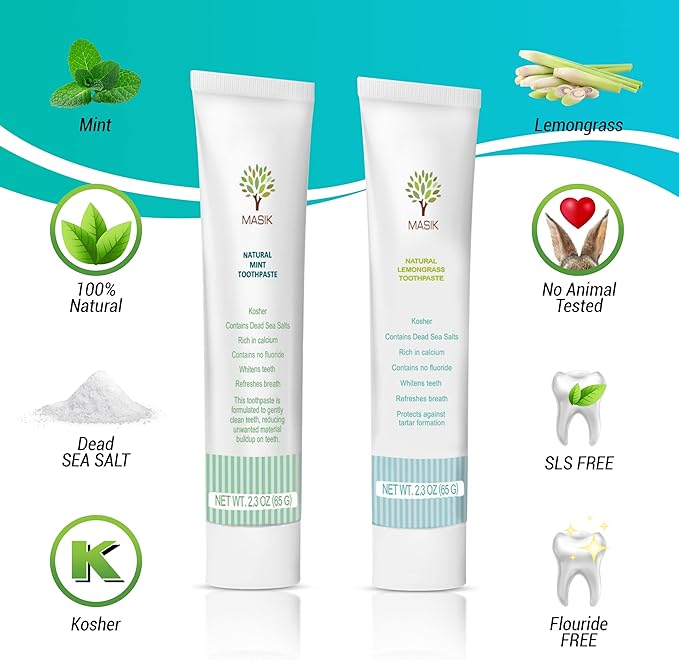 Masik Natural Lemon Grass Toothpaste – Whitening & Sensitive Teeth | Dead Sea Salt | Stain & Plaque Remover | Bleeding Gums & Canker Sore Care | Fluoride & SLS-Free | Non-Foaming | Made in Israel-Ruum Studio Home