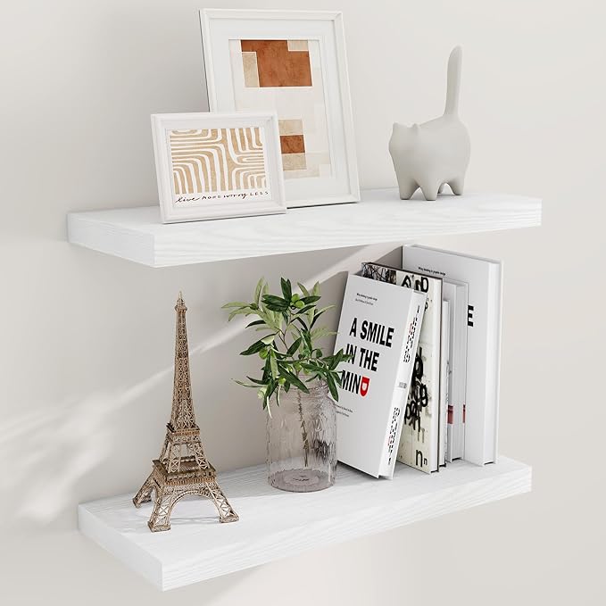 24 Inch Floating Shelves, Rustic 24 x 9 White Floating Shelf for Wall, White Bathroom Shelves Set of 2, Farmhouse Wood Wall Shelf for Bedroom, Kitchen, 9 Inch Deep Shelves for Home Storage-Ruum Studio Home
