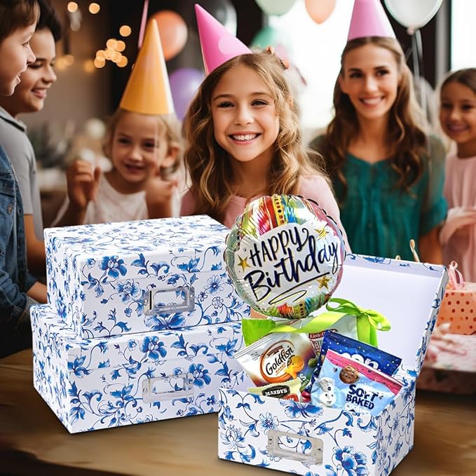 Briful Decorative Photo Storage Boxes with Lids, Set of 4 – Blue and White Porcelain Pattern, Nested Card Storage Box Organizer, Decorative Paperboard Box for Closet, Office, Gifts,Cosmetic,Books-Ruum Studio Home