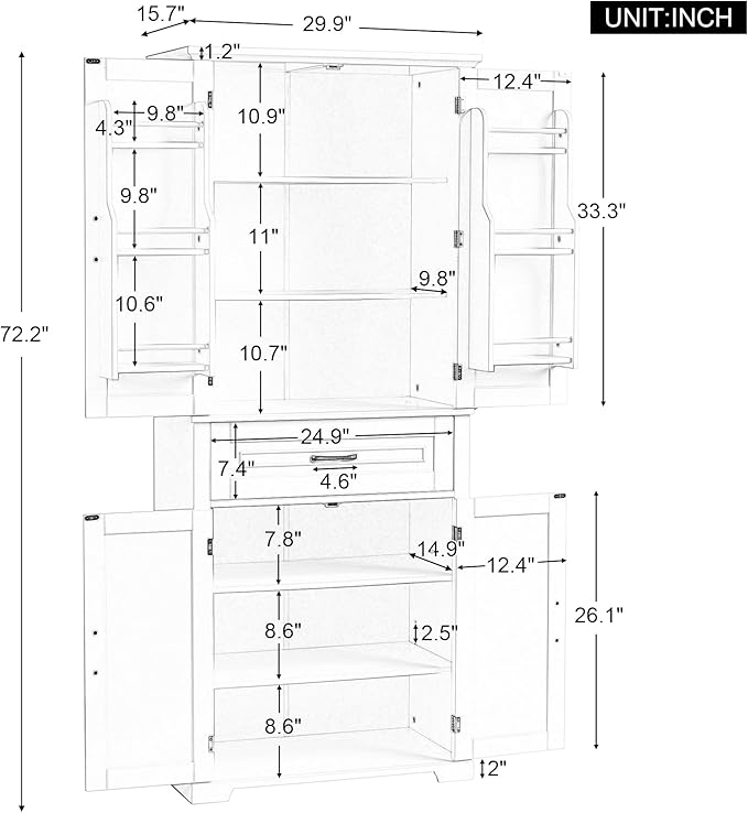 72.2" Tall Storage Cabinet with 4 Doors and Drawer, Freestanding Linen Cabinet, Wooden Pantry with Adjustable Shelf for Kitchen, Bathroom, Living Room, Grey-Ruum Studio Home