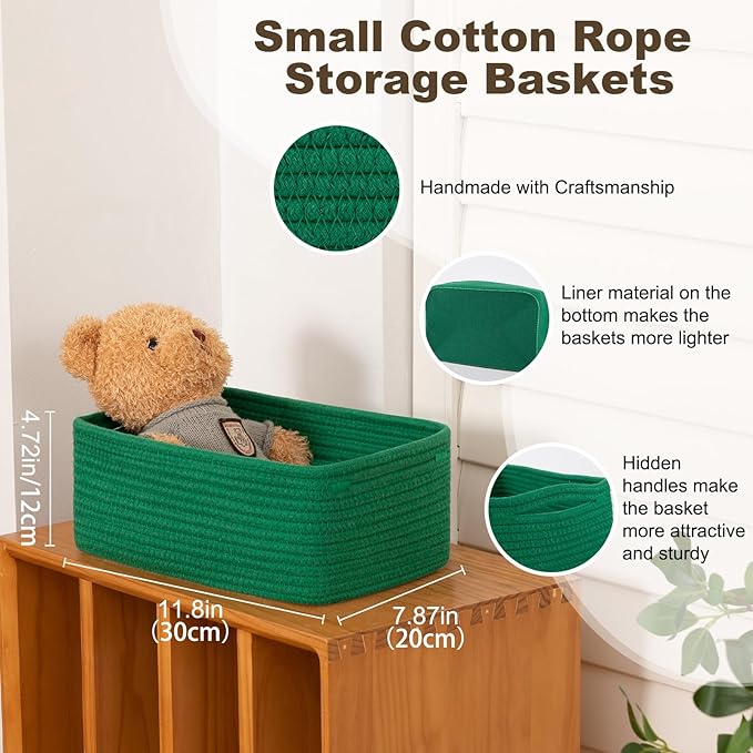 3 Pack Small Storage Baskets for Organizing, Cute Woven Decorative Gift Baskets for Shelves, Mini Closet Organizer Bins with Handles, 11.81''Lx7.87''Wx4.72''H-Green-Ruum Studio Home