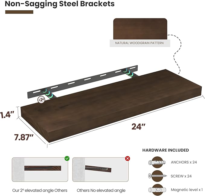 Wood Floating Shelves for Wall 24” x 8”x 1.4” Shelf Floating Rustic Farmhouse Decor, Heavy Duty Shelf Hold 60 lbs, Wall Shelves for Bathroom Living Room Kitchen Bedroom Office, 2 Packs Walnut-Ruum Studio Home