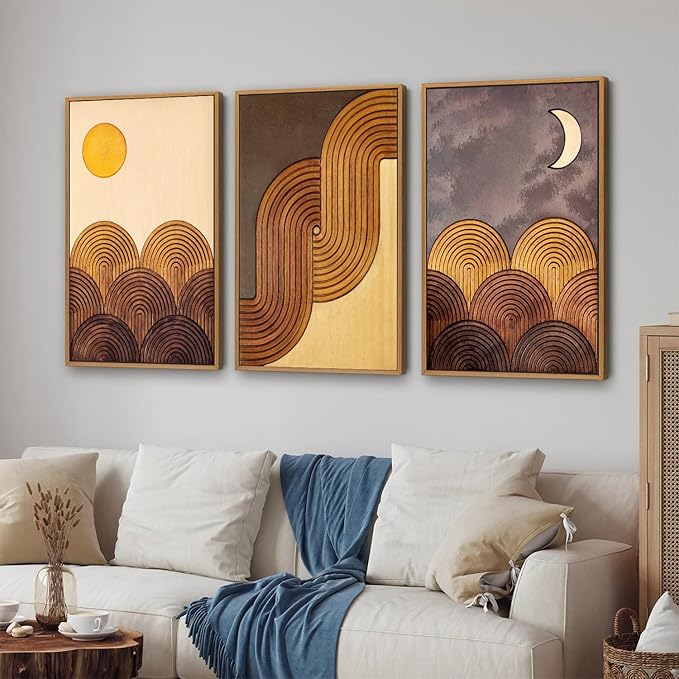Tinonedraw Boho Mountain Framed Canvas Wall Art Set, Mid Century Modern Geometric Line Wall Decor, Bohemian Sun and Moon Art Paintings, Beige Brown Wooden Artwork for Living Room Bedroom Office 16"x24"x3-Ruum Studio Home