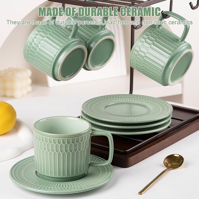 Large Cappuccino Cups with Saucers Set of 4, 8 Ounce Stackable Embossed Ceramic Coffee Mugs for Specialty Coffee Drinks, Latte, Cafe Mocha and Tea, Dishwasher & Microwave Safe (Green)-Ruum Studio Home