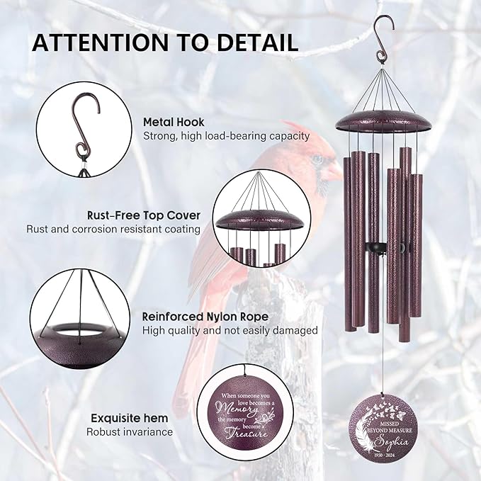 ASTARIN 36" Large Deep Tone Personalized Sympathy Wind Chimes, Memorial Wind Chime for Loss of Mother Father Loved One, Angel's Feather Bereavement Gifts Decor Outdoor Patio Garden(Produced in USA)-Ruum Studio Home