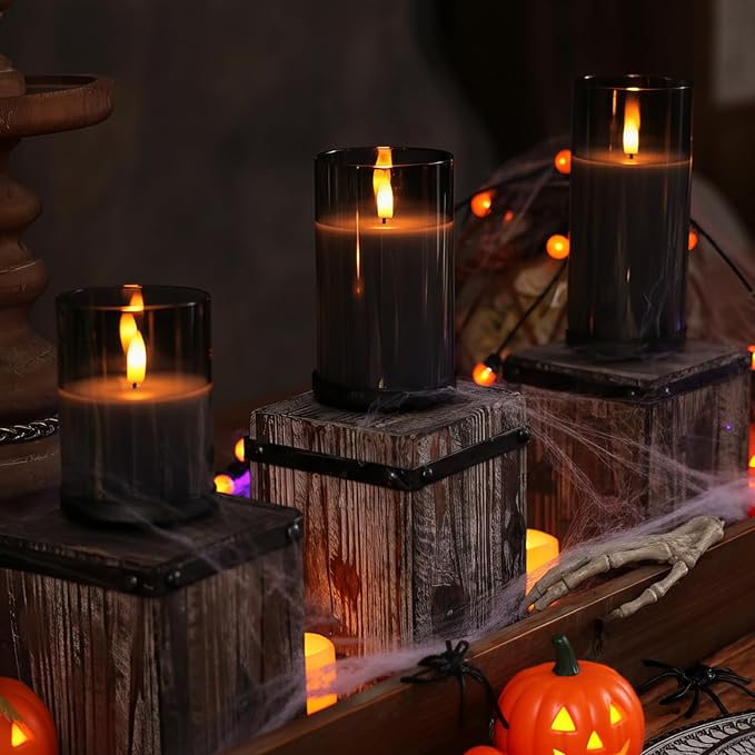 Homemory Grey Glass Flameless Candles, Battery Operated LED Pillar Candles with Remote Control and Timer, Radiance Candles, Real Wax, Set of 3,D3 xH4 5" 6"-Ruum Studio Home