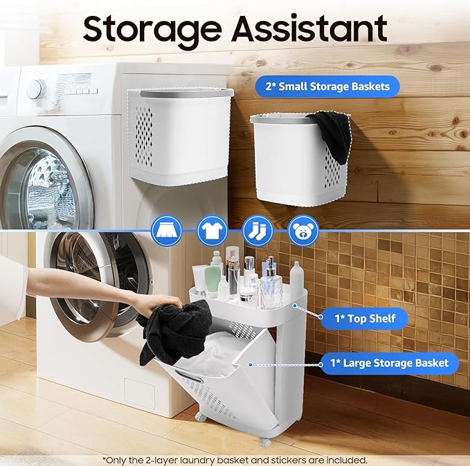 Movable Household Laundry Basket,2 Tier Laundry Hamper Basket Sorter with Wheels&Handle,Large Hand-Held Laundry Basket Clothes Storage Organizer for Bathrooms Bedrooms-Ruum Studio Home