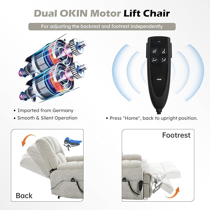 Power Lift Recliner Chair with Massage and Heat for Elderly People, Dual Motor Electric Lift Chair with Power-Remote, Medium-Firm and Heavy Duty, Chenille Fabric - Beige-Ruum Studio Home