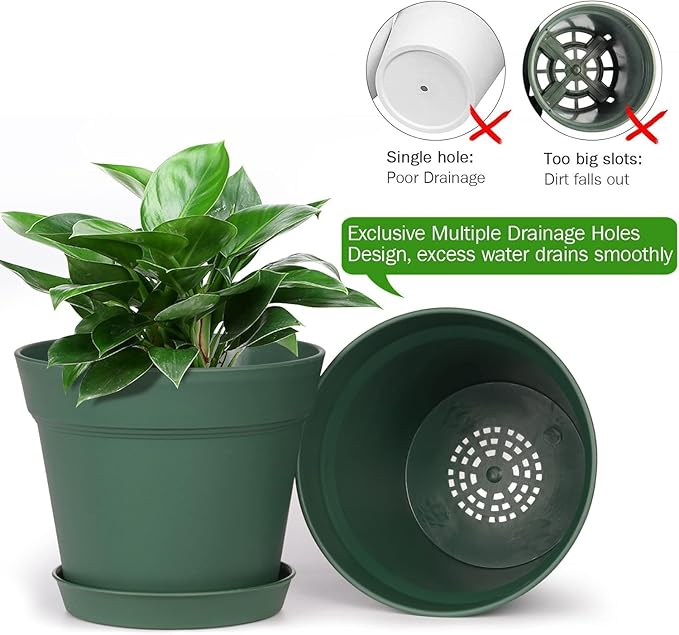 homenote Plant Pots,7.5 Inch Flower Pots for Plants Plastic Planters for Indoor with Multiple Drainage Holes and Trays, for All Home Garden Flowers Succulents,Outdoor(Green,8 Pack)-Ruum Studio Home