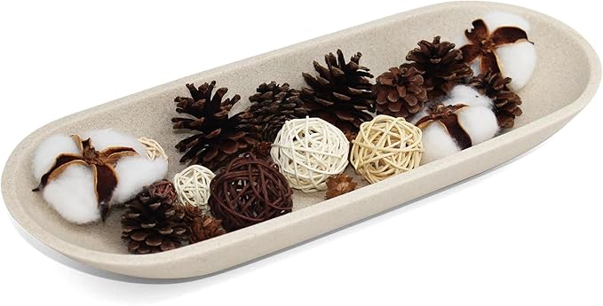 Large Decorative Bowl for Home Decor - Long Dough Bowl with Anti Slip Base for Table Centerpieces - Beige Minimalist Design Dough Decor Bowl for Coffee Table, Dining Table Centerpiece-Ruum Studio Home