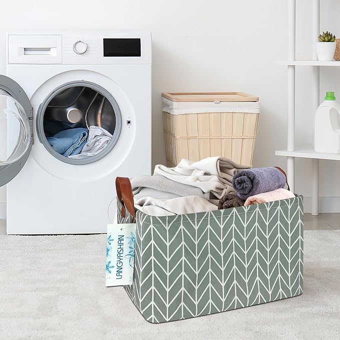 LANGYASHAN Rectangular Storage Bin Collapse Canvas Fabric Cartoon Storage Basket with Handles for Organizing Home Kitchen Boys and Girls Toys Office Closet Shelf Baskets (Rec Grey Point)-Ruum Studio Home