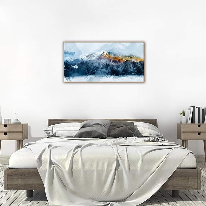 Framed Canvas Wall Art Indigo Abstract Mountain Pictures Wall Decor Blue Grey Orange Mountain Peaks Canvas Painting Prints Modern Abstract Artwork for Living Room Bedroom Decoration 29" X 58"-Ruum Studio Home